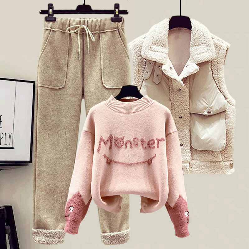 Women's Lamb Wool Vest Slimming Knitted Sweater Casual Pants Three-piece Suit anassiri.com