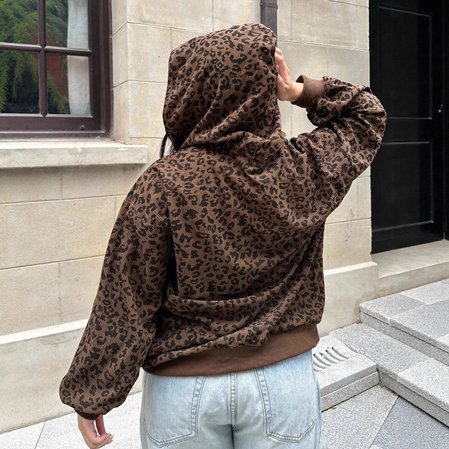 Women's Leopard Print Zip-up Hooded Long Sleeve Sweatshirt anassiri.com