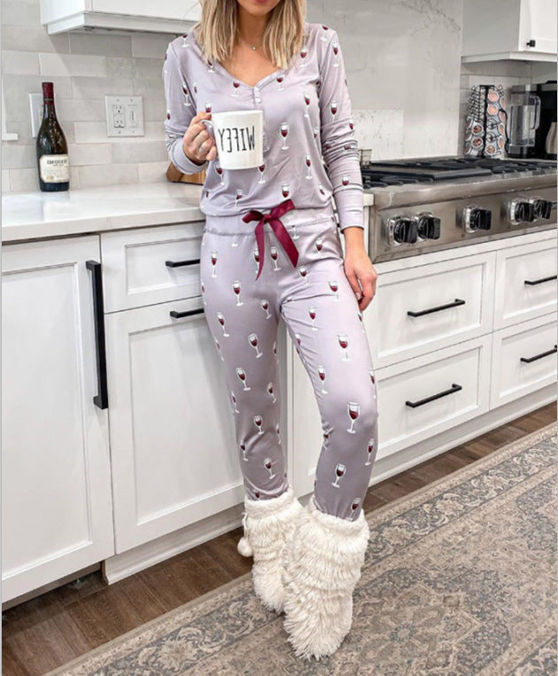 Printed V Neck Long Sleeved Top And Trousers Home Casual Suit Women - vêtement - anassiri.com anassiri.com