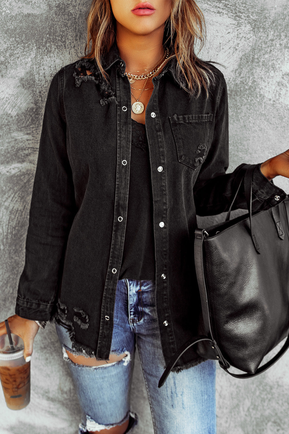 Black Ripped Shirt Denim Long Sleeve Coat Jacket Women - vêtement - anassiri.com anassiri.com