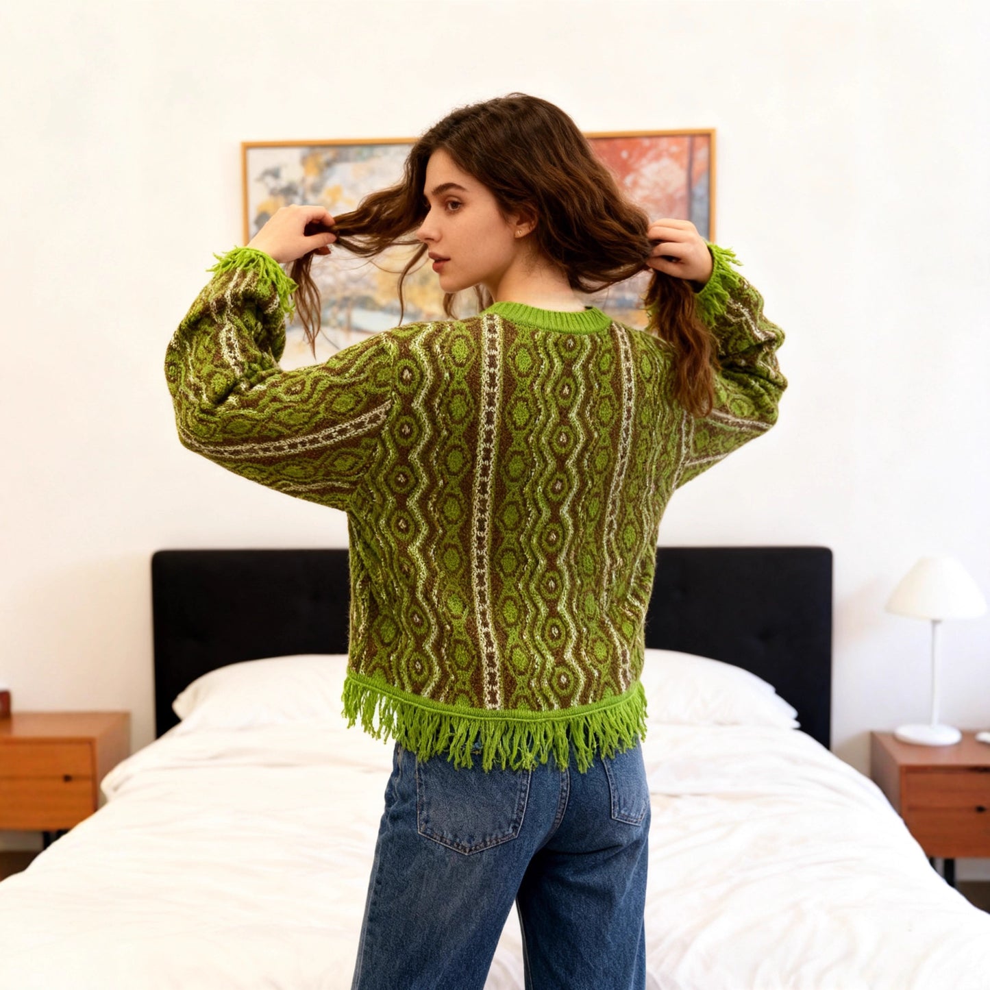 Contrast-color Jacquard Fringe Casual Round-neck Sweater anassiri.com