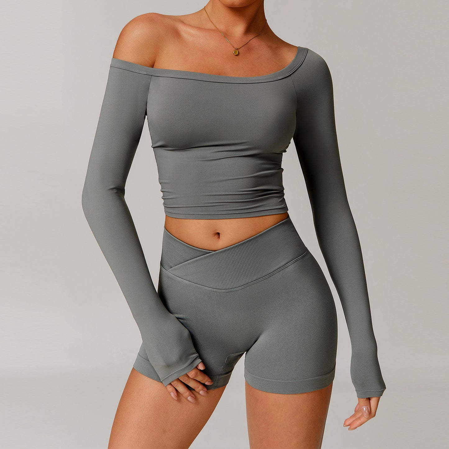 Off-shoulder Long Sleeve Brushed Tight Sports Workout Clothes anassiri.com