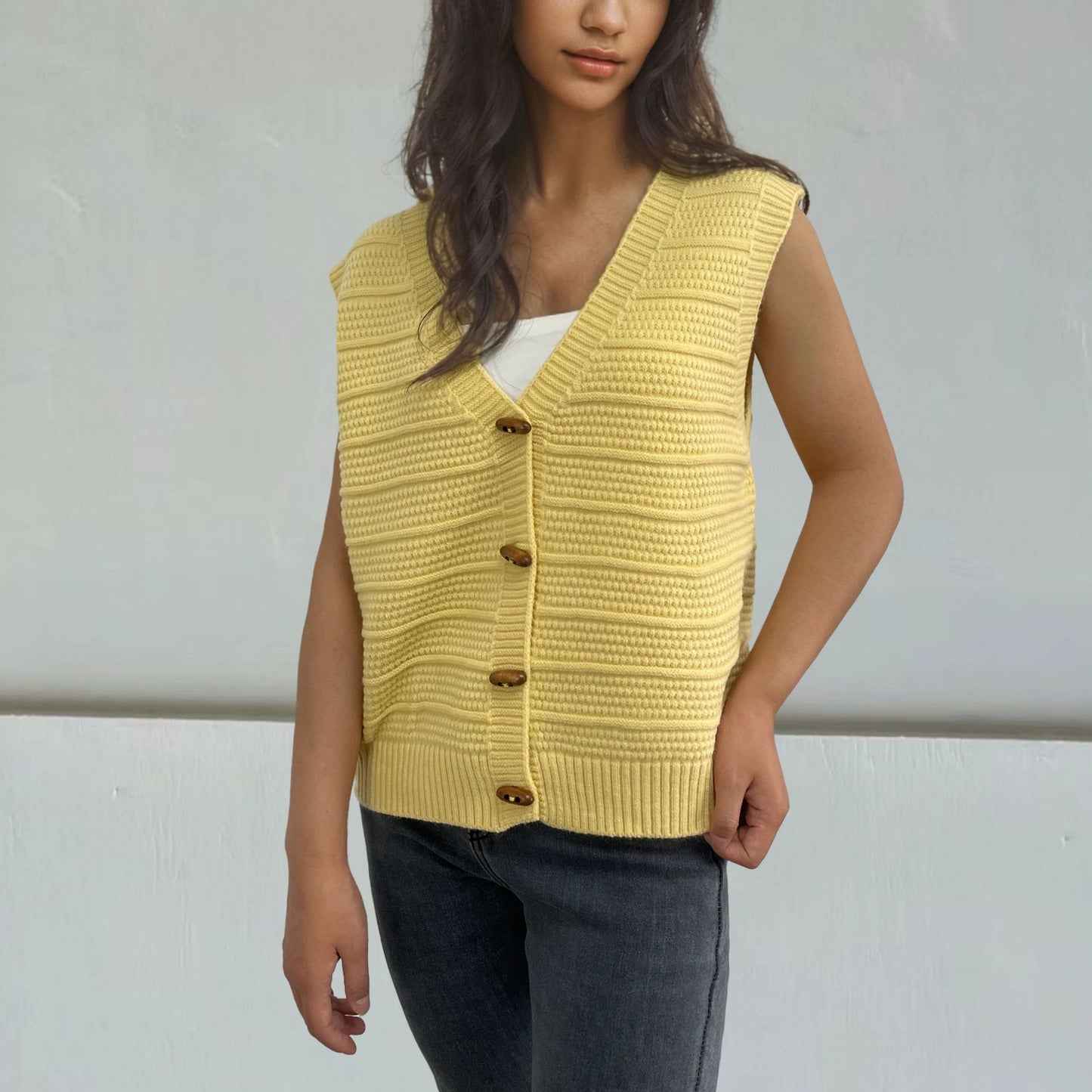 Horn Button Sleeveless V-neck Knitted Vest For Women anassiri.com