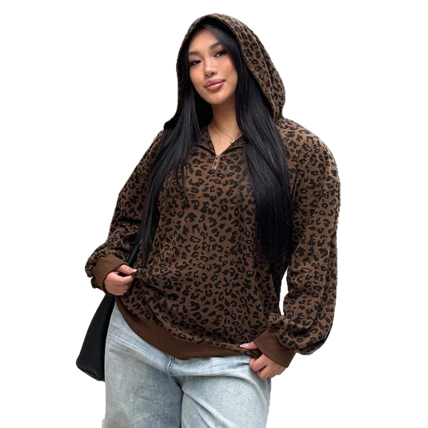 Women's Leopard Print Zip-up Hooded Long Sleeve Sweatshirt anassiri.com