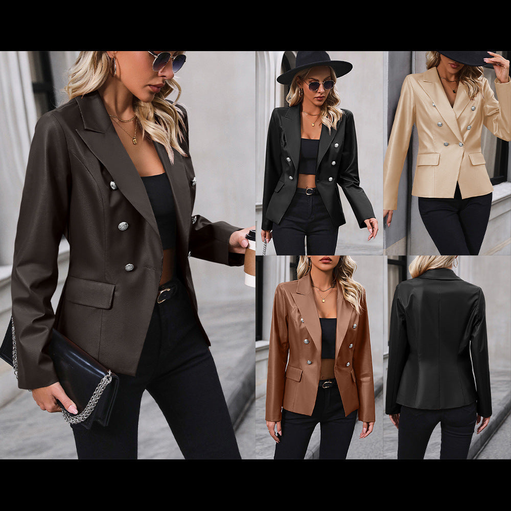 Women's Double Breasted Suit Motorcycle Leather Coat anassiri.com