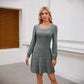 Elegant Square-Neck Lantern Sleeve Dress with Pockets