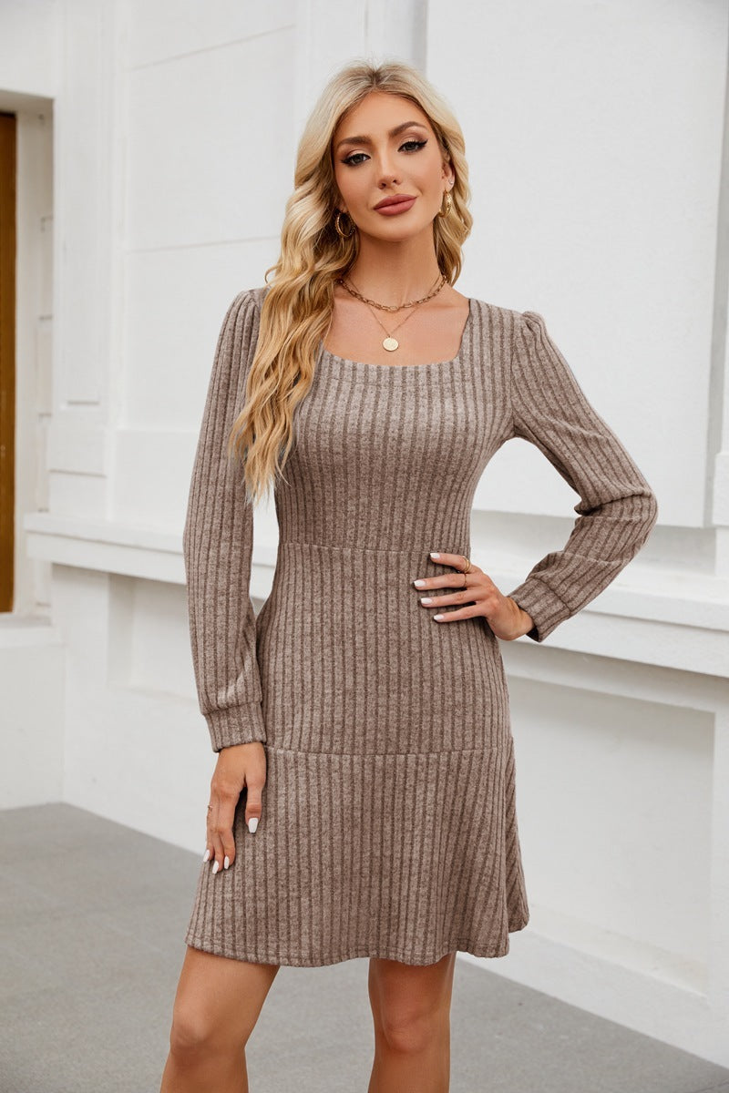 Elegant Square-Neck Lantern Sleeve Dress with Pockets anassiri.com