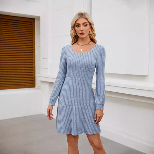 Elegant Square-Neck Lantern Sleeve Dress with Pockets anassiri.com