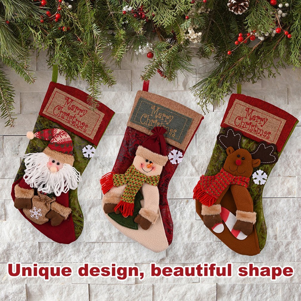 Christmas Stocking Socks Snowman Santa Elk Xmas Fireplace Xmas Tree Ornaments New Year Candy Bag Gift Christmas Decor anassiri.com