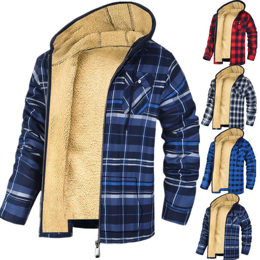 Men's Plaid Print Hooded Zip-Up Jacket Winter Thickened Cotton-padded Coat Warm Clothing anassiri.com