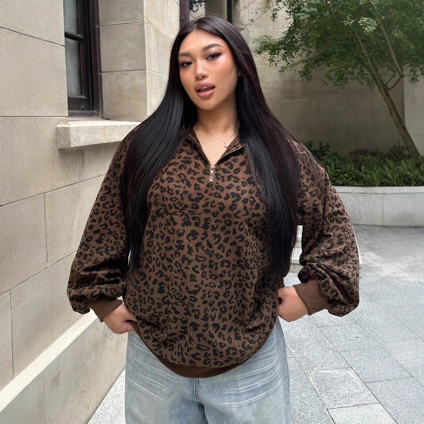 Women's Leopard Print Zip-up Hooded Long Sleeve Sweatshirt anassiri.com