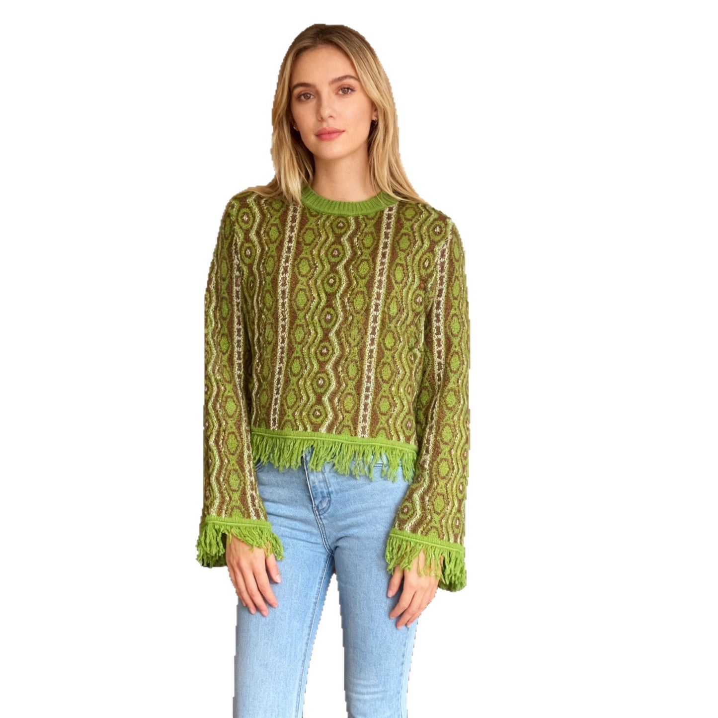 Contrast-color Jacquard Fringe Casual Round-neck Sweater anassiri.com