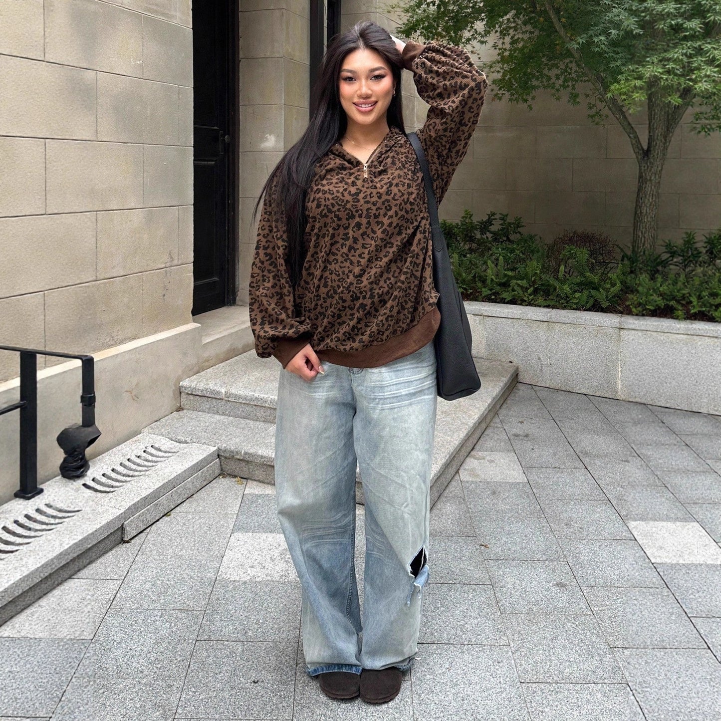 Women's Leopard Print Zip-up Hooded Long Sleeve Sweatshirt anassiri.com