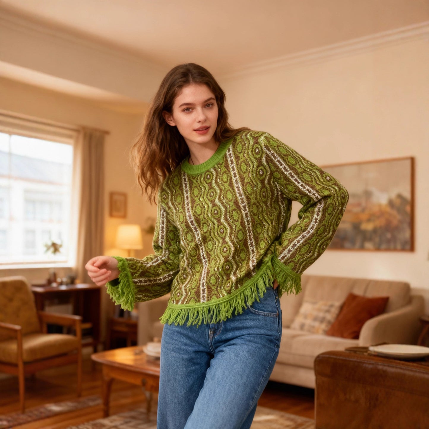 Contrast-color Jacquard Fringe Casual Round-neck Sweater anassiri.com