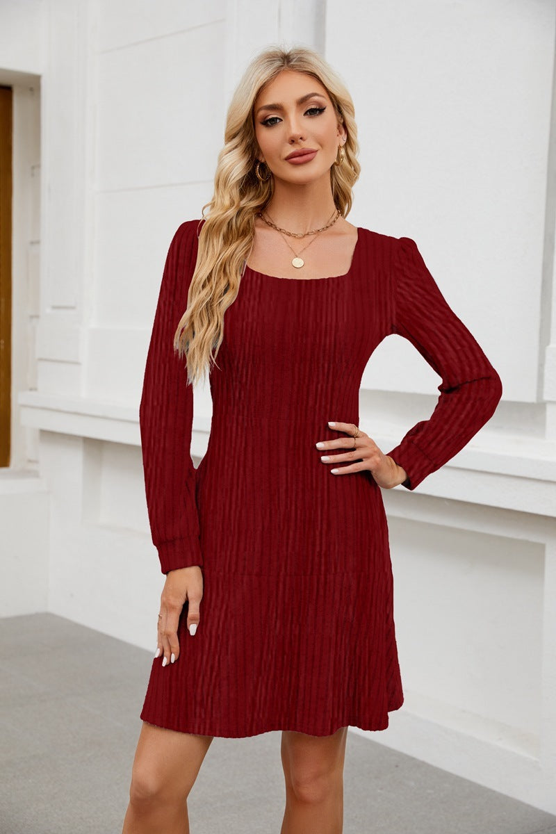 Elegant Square-Neck Lantern Sleeve Dress with Pockets anassiri.com