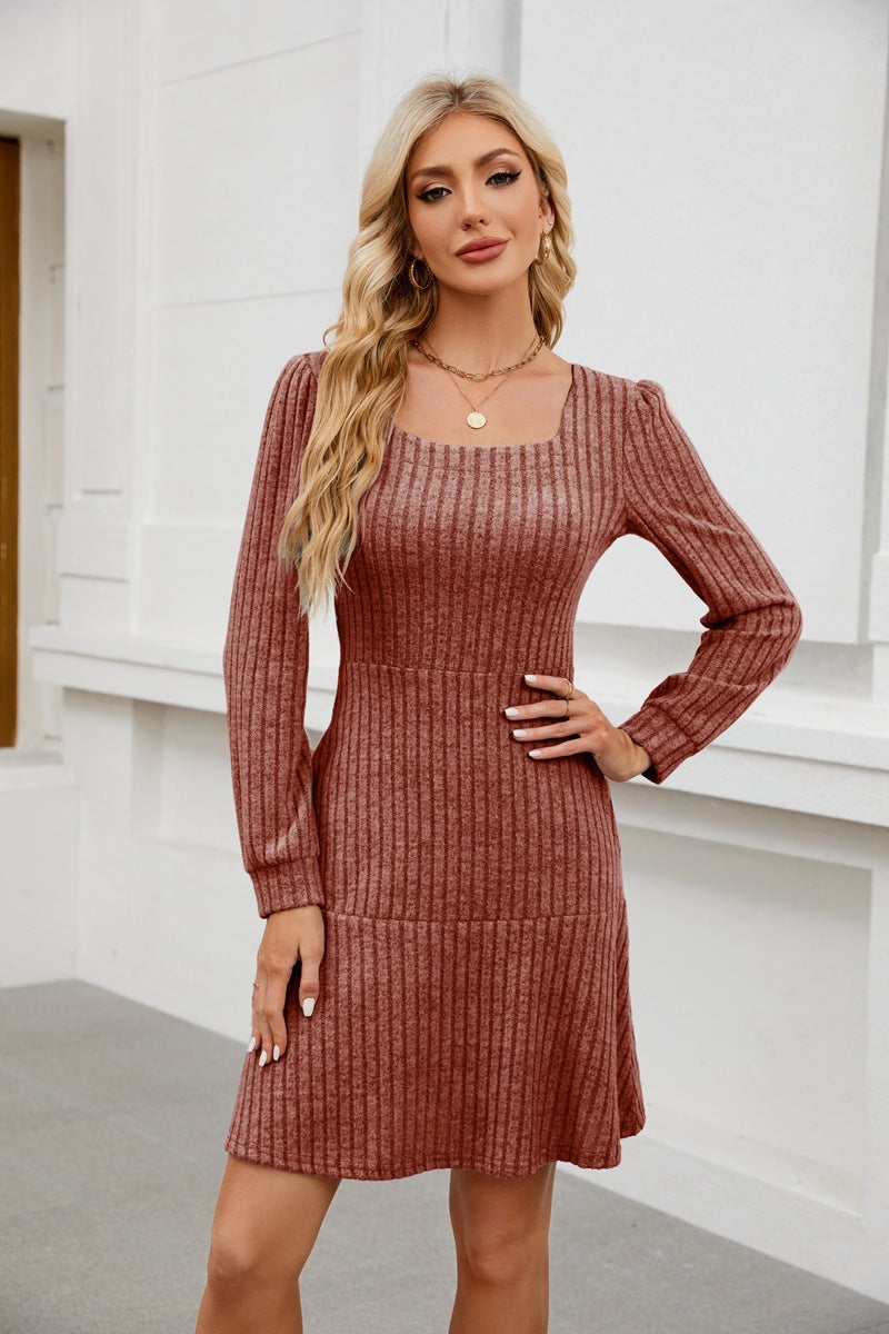 Elegant Square-Neck Lantern Sleeve Dress with Pockets anassiri.com