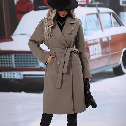 Autumn And Winter Solid Color Double Breasted Lace-up Woolen Coat anassiri.com
