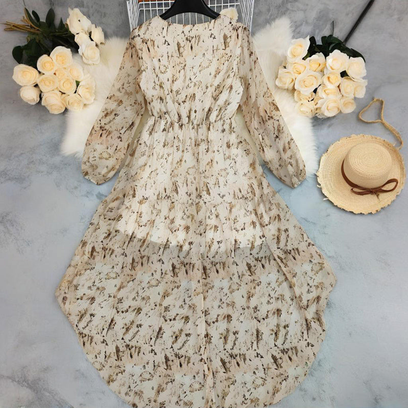 Women's Deep V-Neck Floral Print Long Sleeve Dress - Boho Elastic High Waist Dress With Asymmetrical Hem & Puff Cuffs anassiri.com