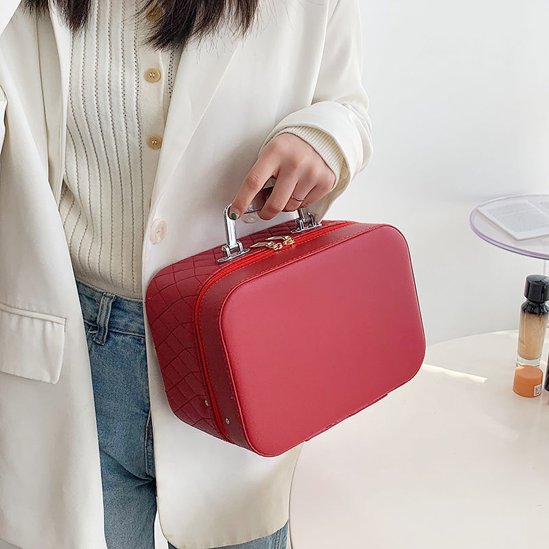 Portable Cosmetic Bag With Mirror Design Fashion Rhombus-Embroidery Double-layer Suitcase Large Capacity Make-up Storage Bags For Women anassiri.com