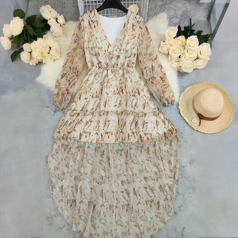 Women's Deep V-Neck Floral Print Long Sleeve Dress - Boho Elastic High Waist Dress With Asymmetrical Hem & Puff Cuffs anassiri.com