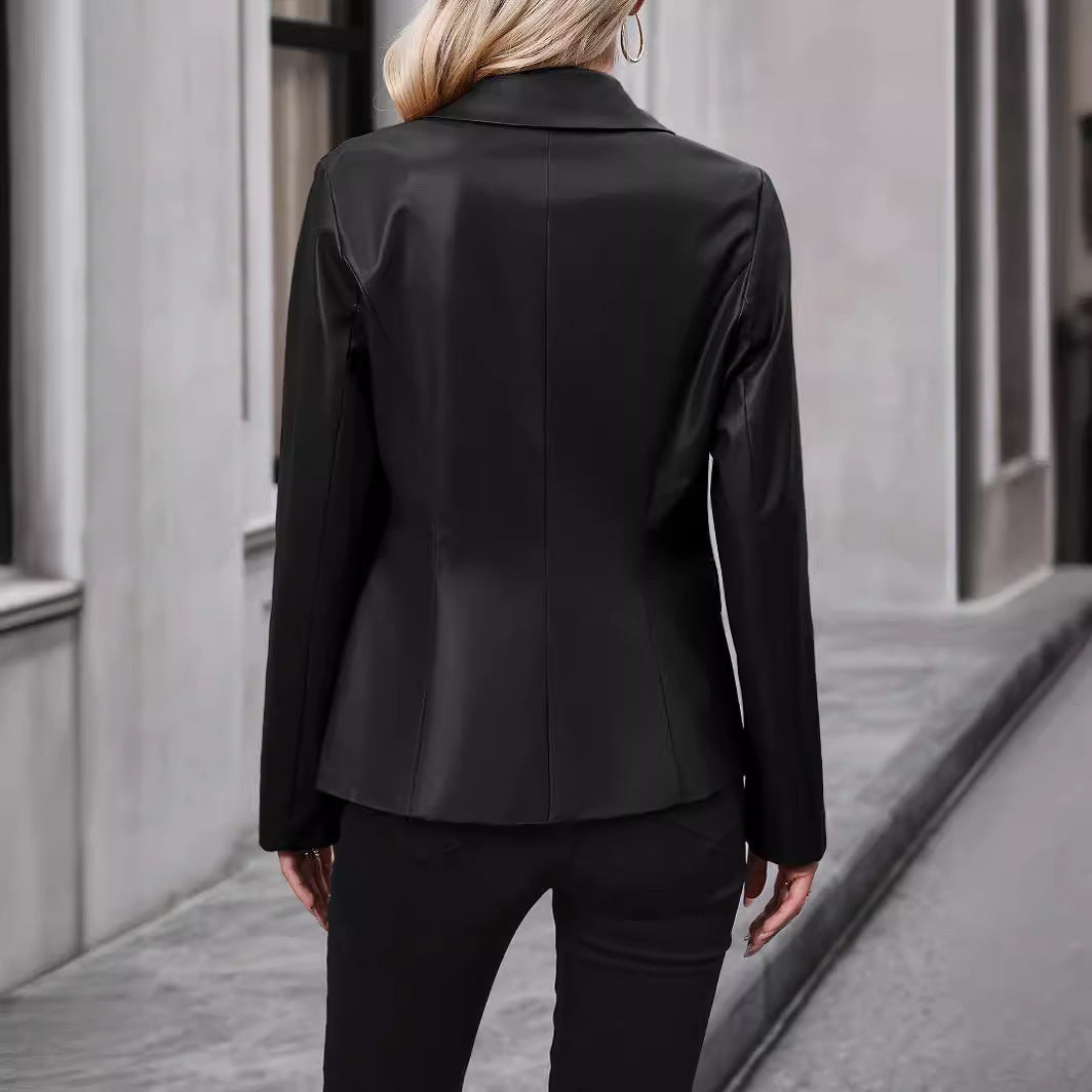 Women's Double Breasted Suit Motorcycle Leather Coat anassiri.com