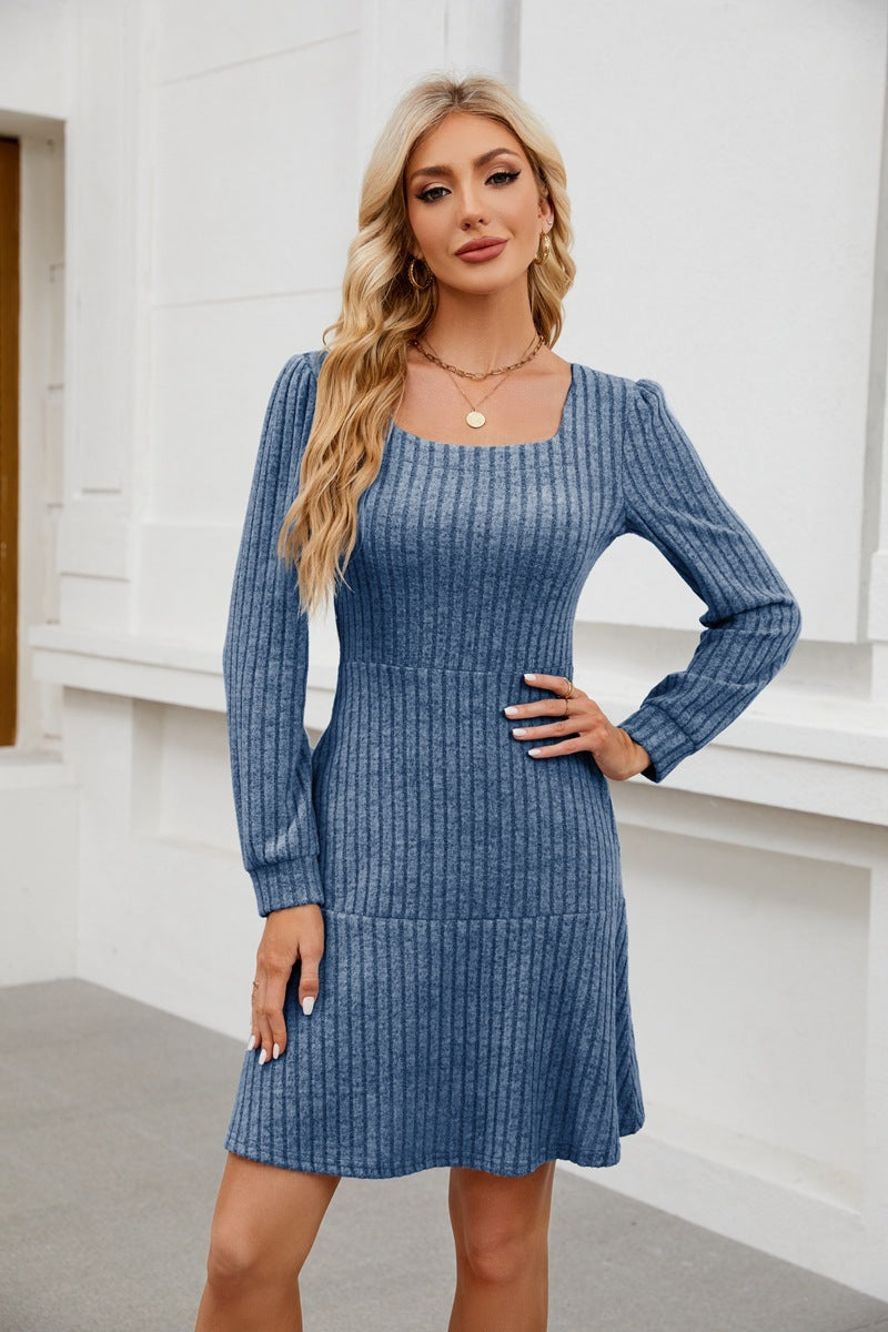 Elegant Square-Neck Lantern Sleeve Dress with Pockets anassiri.com