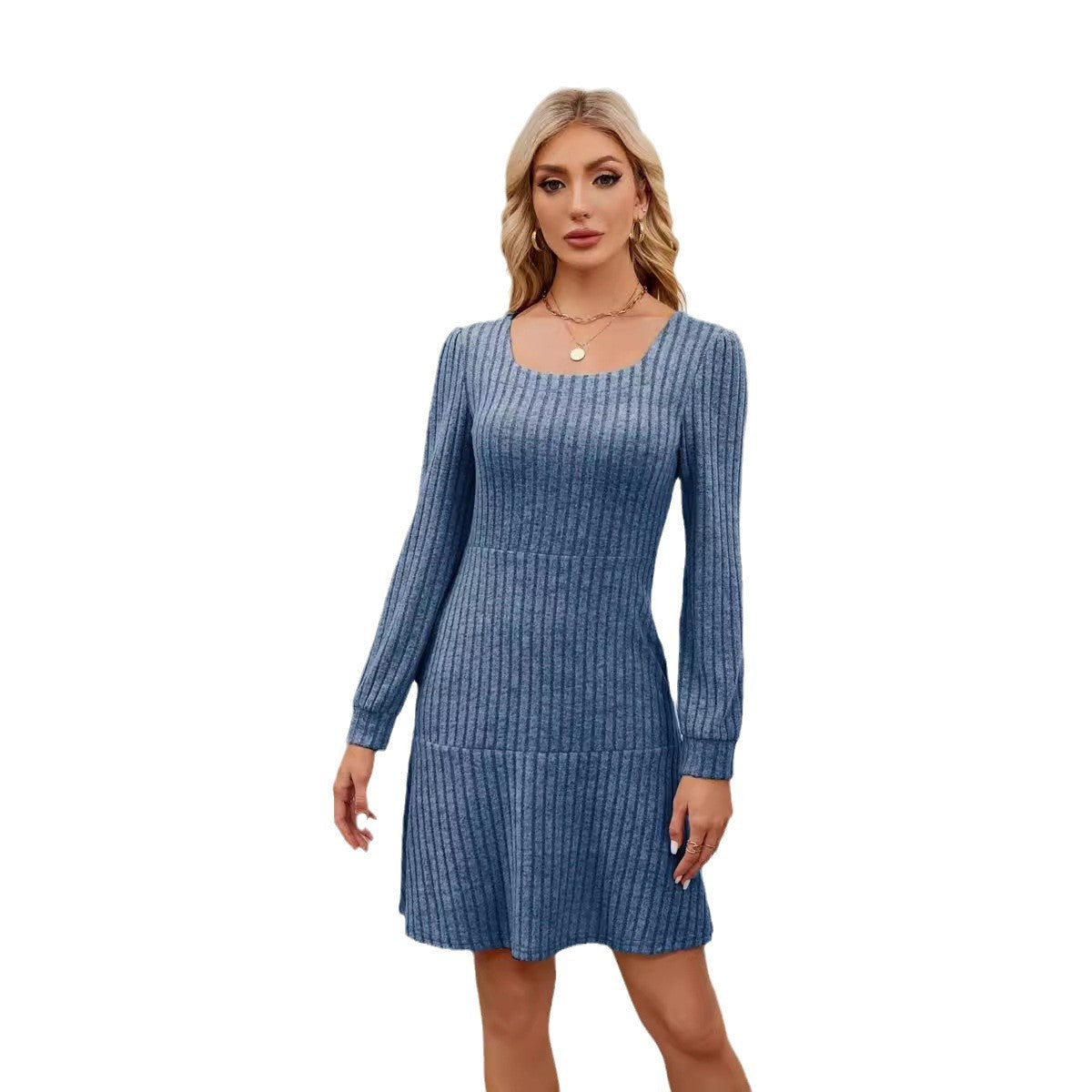 Elegant Square-Neck Lantern Sleeve Dress with Pockets anassiri.com