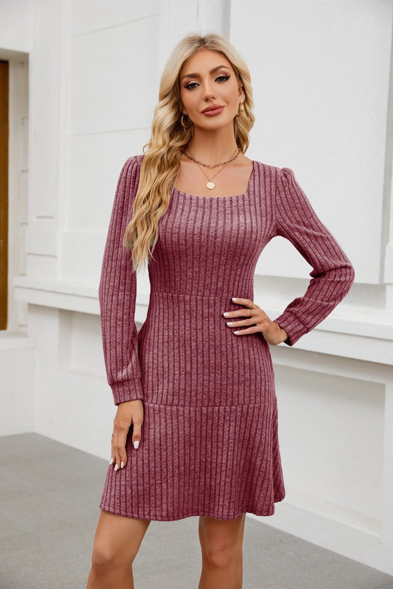 Elegant Square-Neck Lantern Sleeve Dress with Pockets anassiri.com