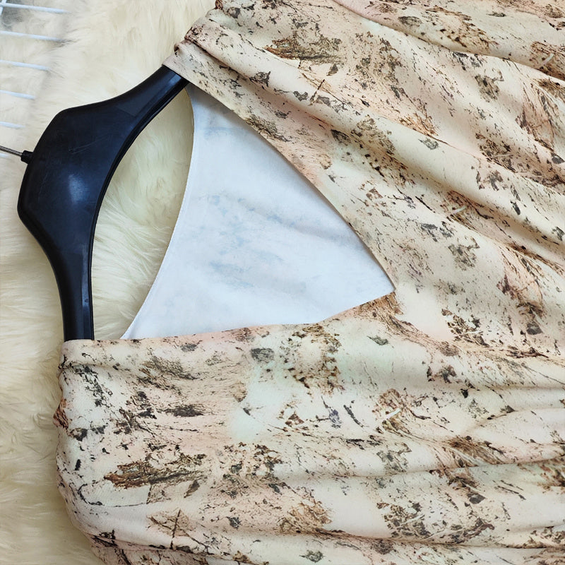 Women's Deep V-Neck Floral Print Long Sleeve Dress - Boho Elastic High Waist Dress With Asymmetrical Hem & Puff Cuffs anassiri.com