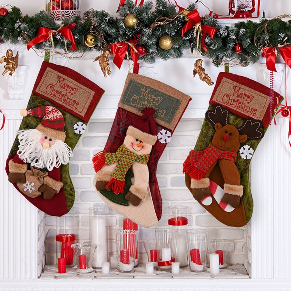 Christmas Stocking Socks Snowman Santa Elk Xmas Fireplace Xmas Tree Ornaments New Year Candy Bag Gift Christmas Decor anassiri.com