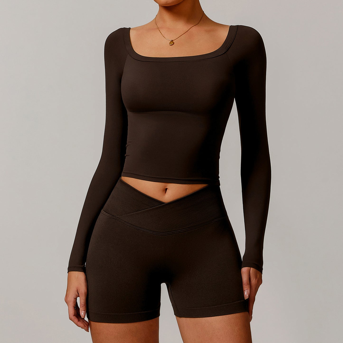 Off-shoulder Long Sleeve Brushed Tight Sports Workout Clothes anassiri.com