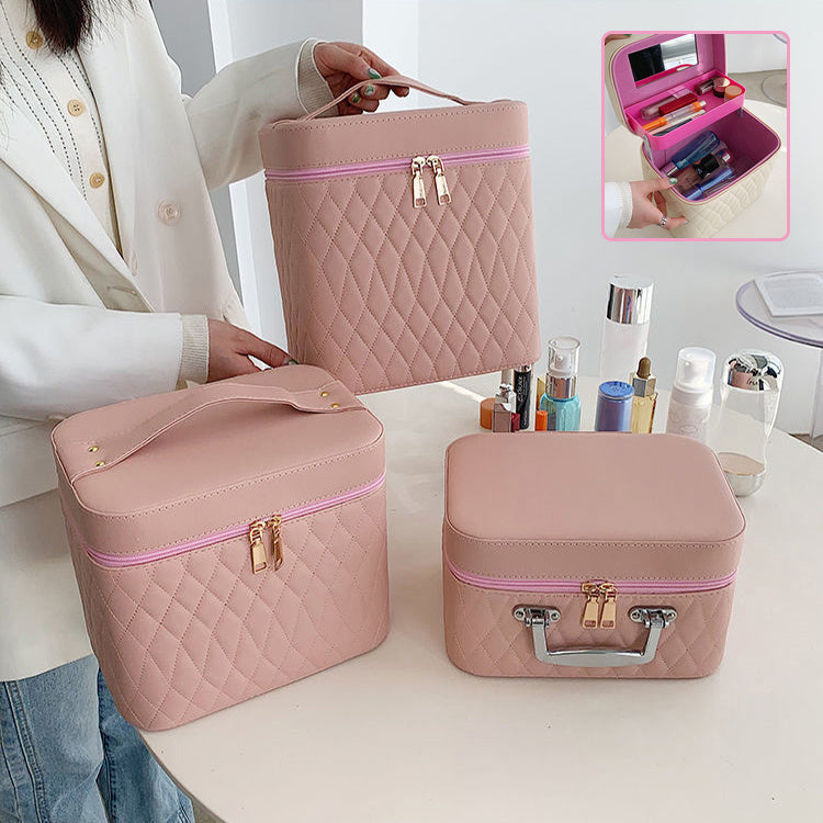 Portable Cosmetic Bag With Mirror Design Fashion Rhombus-Embroidery Double-layer Suitcase Large Capacity Make-up Storage Bags For Women anassiri.com