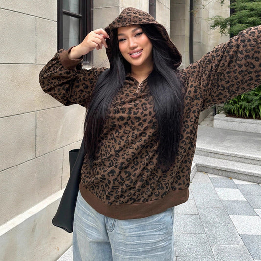 Women's Leopard Print Zip-up Hooded Long Sleeve Sweatshirt anassiri.com