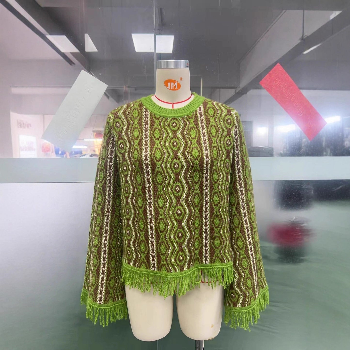 Contrast-color Jacquard Fringe Casual Round-neck Sweater anassiri.com
