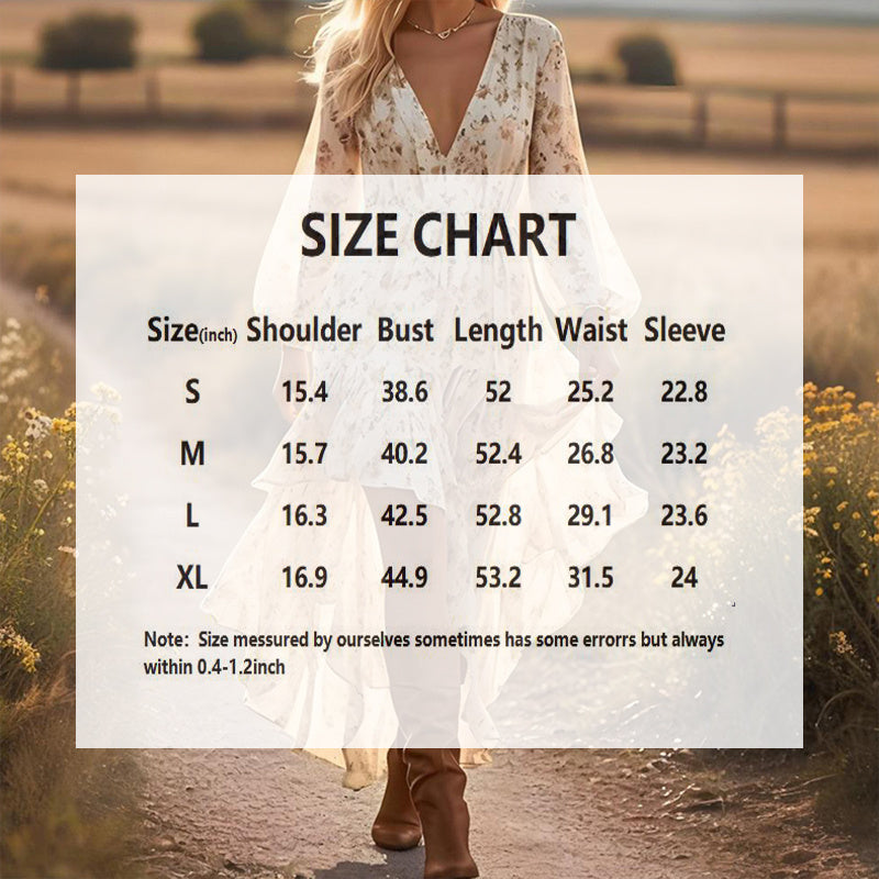 Women's Deep V-Neck Floral Print Long Sleeve Dress - Boho Elastic High Waist Dress With Asymmetrical Hem & Puff Cuffs anassiri.com