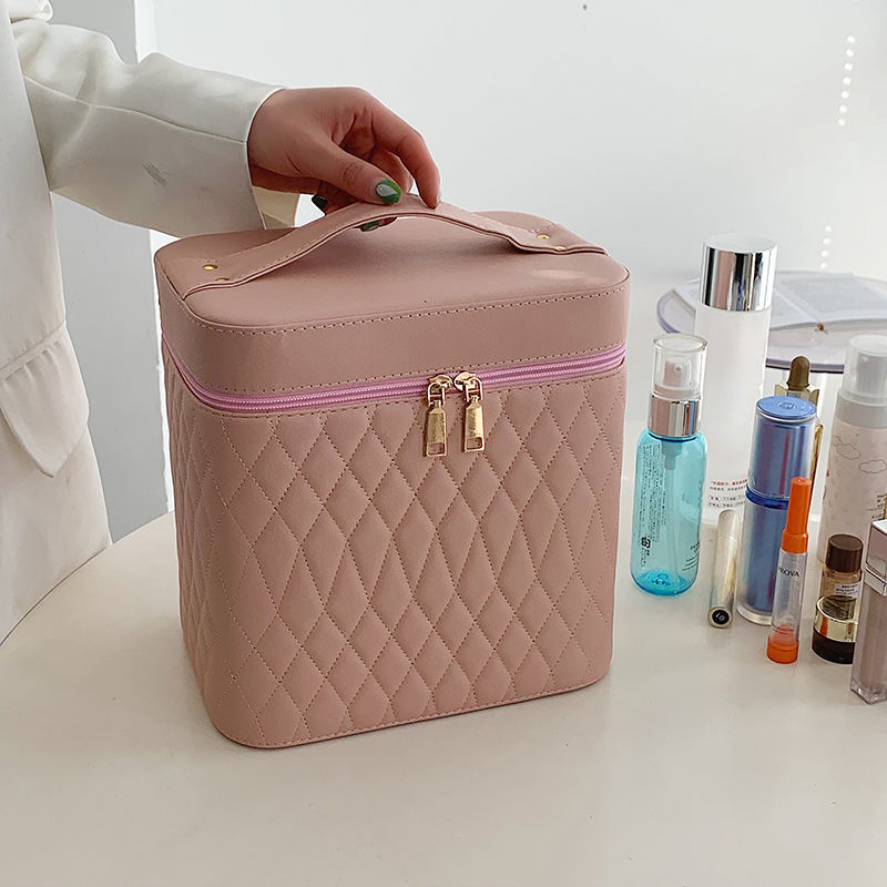 Portable Cosmetic Bag With Mirror Design Fashion Rhombus-Embroidery Double-layer Suitcase Large Capacity Make-up Storage Bags For Women anassiri.com