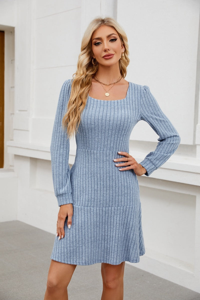 Elegant Square-Neck Lantern Sleeve Dress with Pockets anassiri.com
