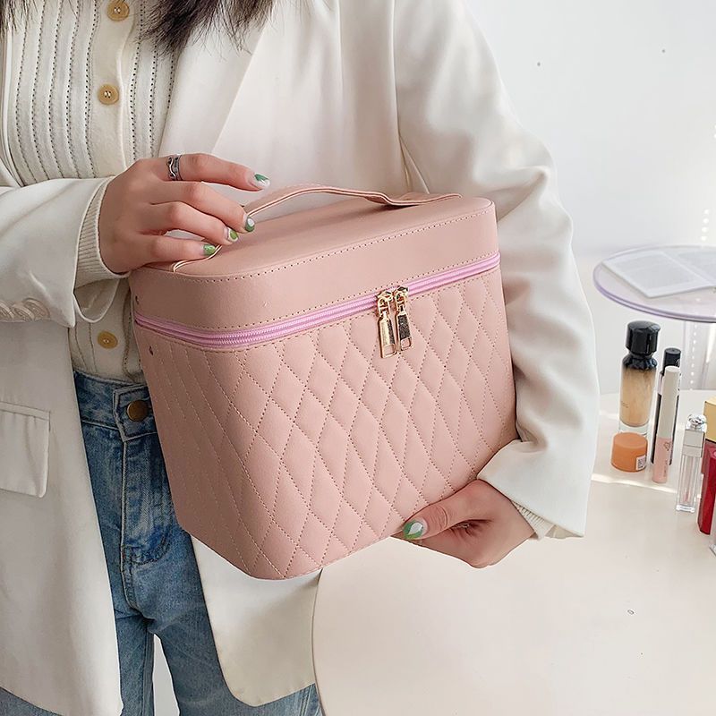 Portable Cosmetic Bag With Mirror Design Fashion Rhombus-Embroidery Double-layer Suitcase Large Capacity Make-up Storage Bags For Women anassiri.com