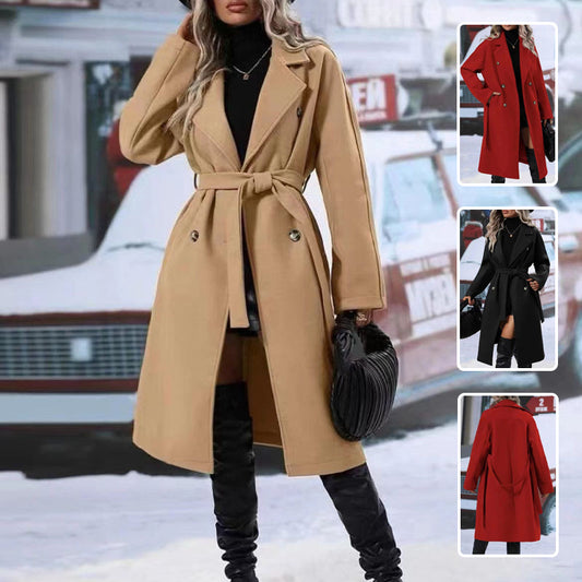 Lapel Double-breasted Trench Coat With Belt Winter Fashion Solid Color Long Jacket Outwear Women Clothing anassiri.com