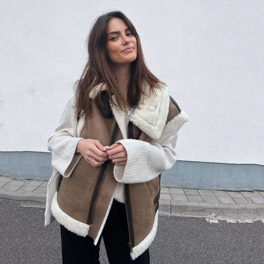 Women's Fur One-piece Fleece Stitching Sleeveless Cotton Coat Vest anassiri.com