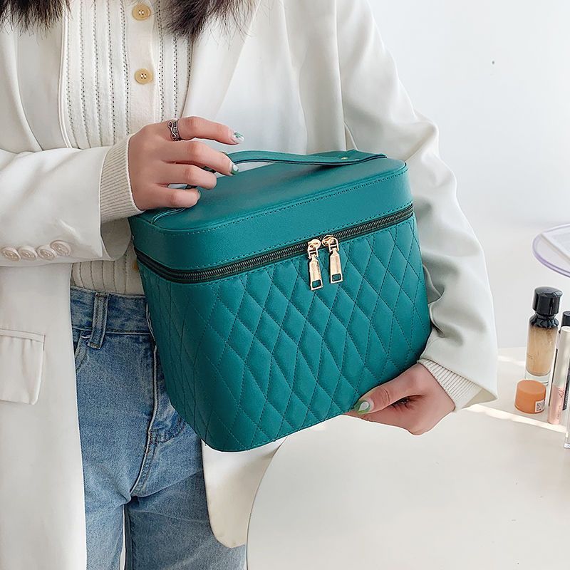 Portable Cosmetic Bag With Mirror Design Fashion Rhombus-Embroidery Double-layer Suitcase Large Capacity Make-up Storage Bags For Women anassiri.com