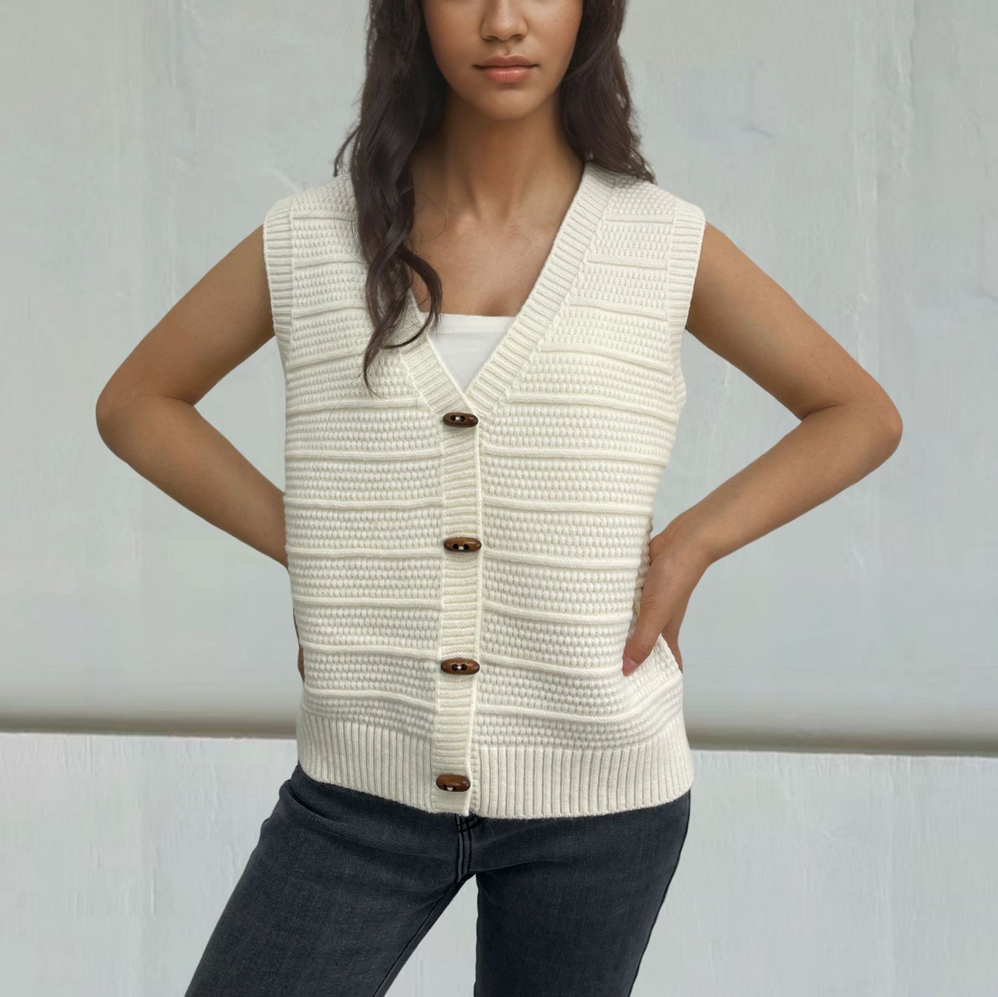 Horn Button Sleeveless V-neck Knitted Vest For Women anassiri.com