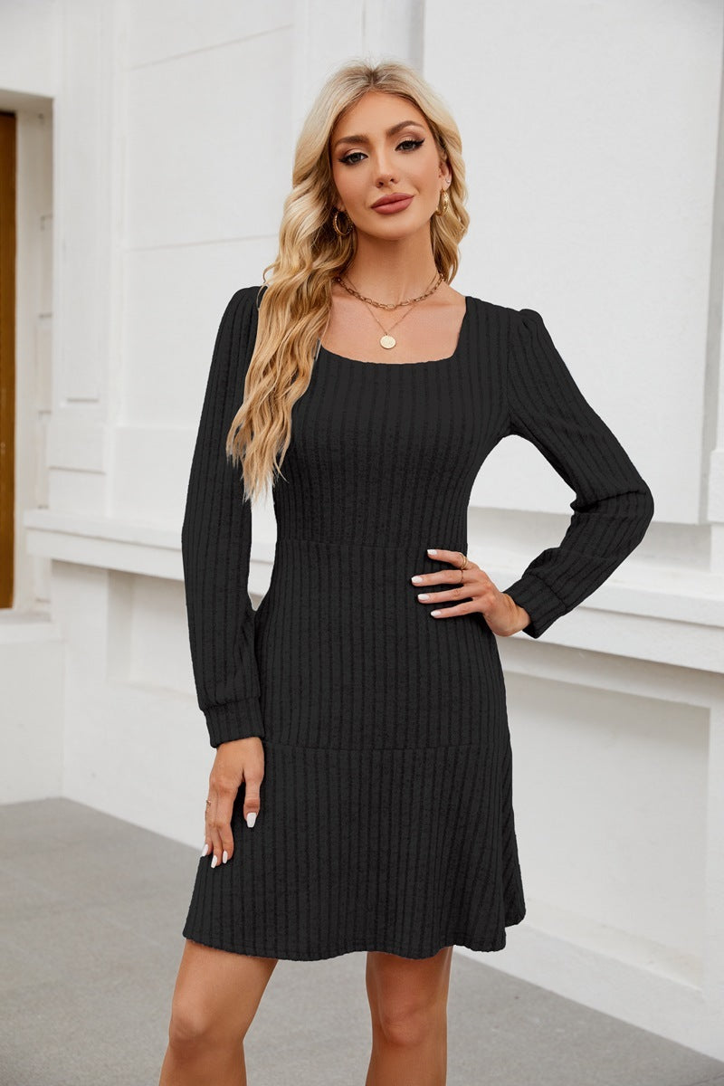 Elegant Square-Neck Lantern Sleeve Dress with Pockets anassiri.com