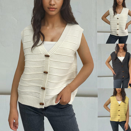 Horn Button Sleeveless V-neck Knitted Vest For Women anassiri.com