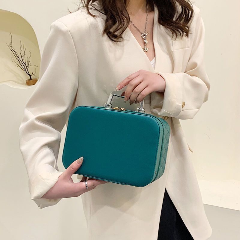 Portable Cosmetic Bag With Mirror Design Fashion Rhombus-Embroidery Double-layer Suitcase Large Capacity Make-up Storage Bags For Women anassiri.com