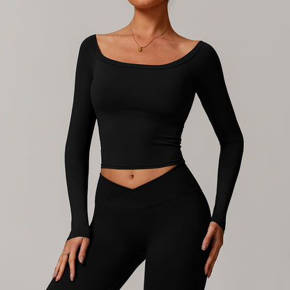 Off-shoulder Long Sleeve Brushed Tight Sports Workout Clothes