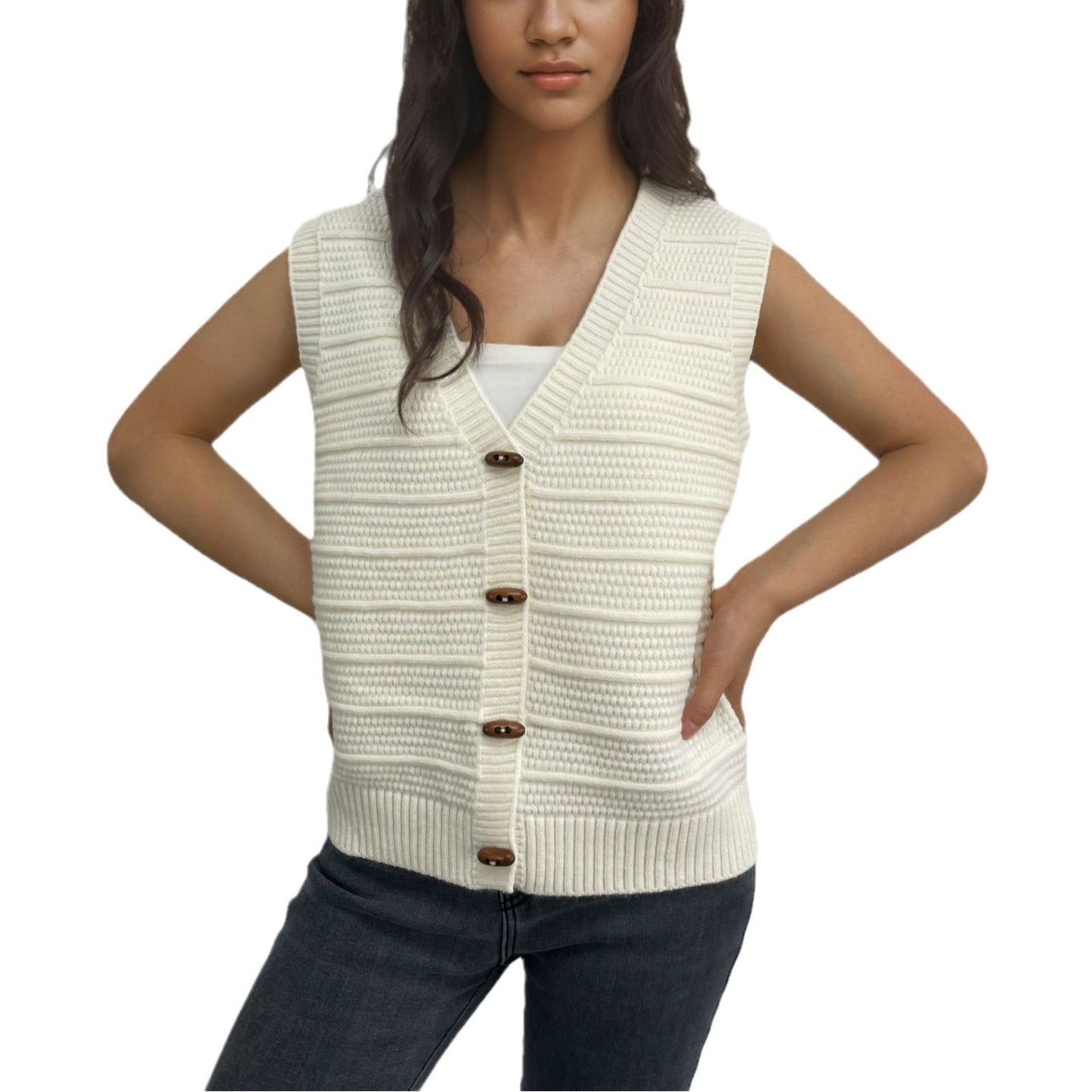 Horn Button Sleeveless V-neck Knitted Vest For Women anassiri.com