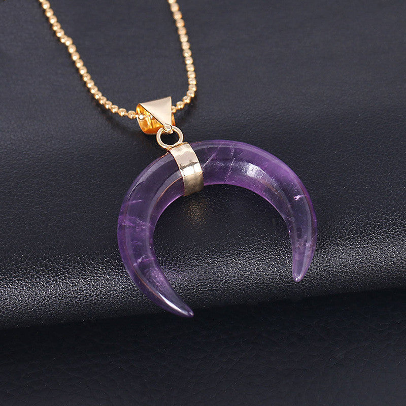 Crystal Semi-precious Stone Moon Pendant Necklace -   - anassiri.com anassiri.com