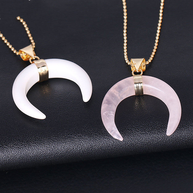 Crystal Semi-precious Stone Moon Pendant Necklace -   - anassiri.com