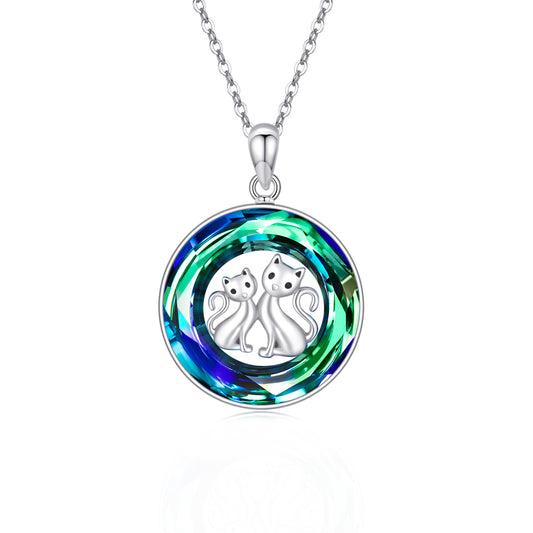 Crystal Circle Cat Pendant Necklace in 925 Sterling Silver -   - anassiri.com anassiri.com
